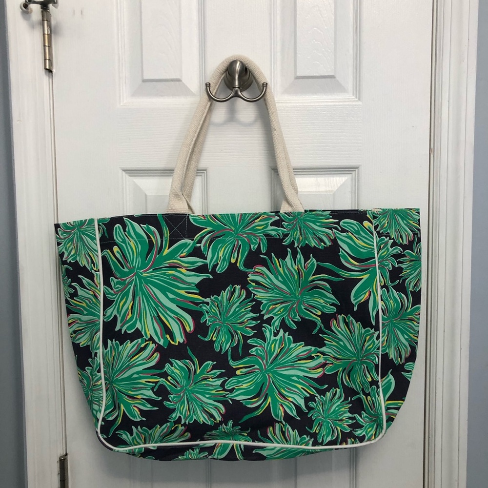 Canvas Tote Bag with Green Floral Print Beachy Coastal Flaws
